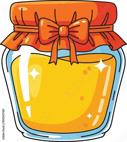 Cartoon illustration of a glass jar with a red ribbon and yellow contents on transparent background