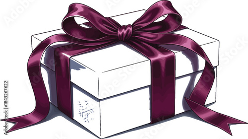 Elegant gift box with silver wrapping and a burgundy ribbon adorned with delicate snowflake patterns perfect for holiday celebrations and giving