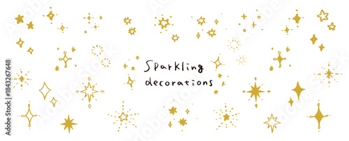 キラキラ、星の手書き素材セット。光り輝く装飾。