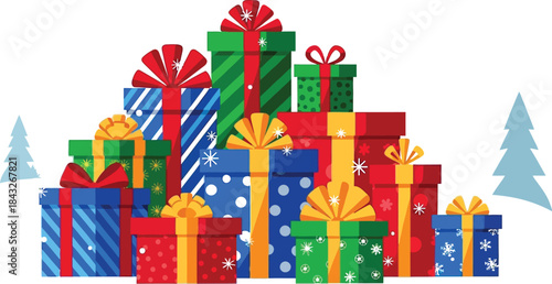 Colorful christmas presents stacked high against a snowy winter backdrop creating a festive holiday atmosphere and conveying the joy of giving