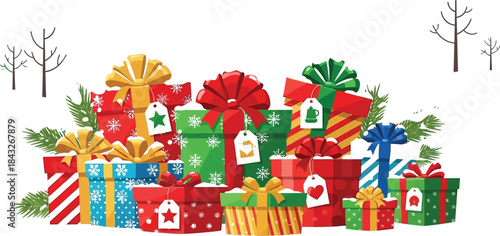 Colorful christmas presents with ribbons and bows stacked in a snowy winter landscape creating a festive holiday scene for christmas celebrations