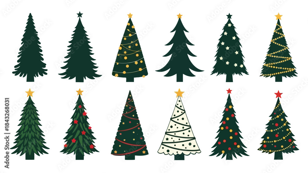 Obraz premium Collection of Diverse Christmas Trees with Stars and Ornaments, Festive Decorations