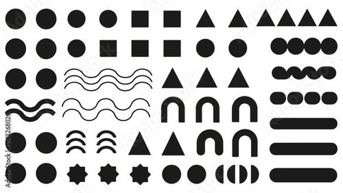 Collection of Minimalist Black Geometric Shapes and Abstract Icons on White Background