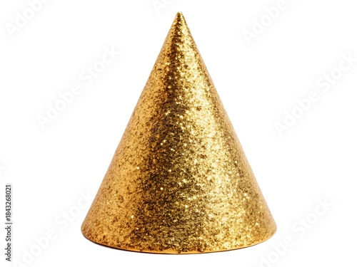 A single shimmering golden cone shaped party hat adorned with reflective glitter stands isolated on a clean white background