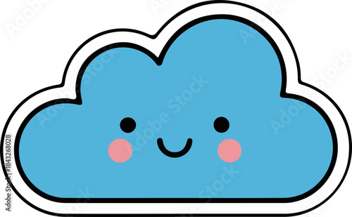 Cute blue cloud cartoon with happy smiling face and rosy cheeks, adorable weather character illustration