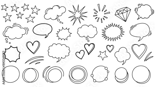 Collection of Hand-Drawn Doodle Elements: Stars, Hearts, Speech Bubbles, and Geometric Shapes