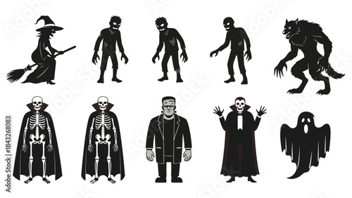 Halloween Characters Silhouette Collection: Witch, Zombies, Skeleton, Frankenstein, Vampire, Ghost
