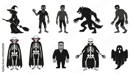 Collection of Classic Halloween Monsters and Skeletons in Silhouette Style