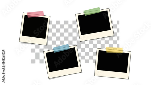 Four Retro Photo Frames with Colored Tapes on a Transparent Background