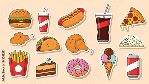 Collection of Popular Fast Food and Sweet Treats Stickers, Vector Illustration