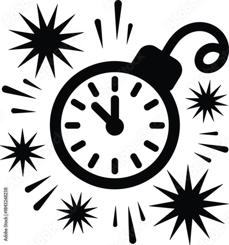 Black and white alarm clock with burst effect time