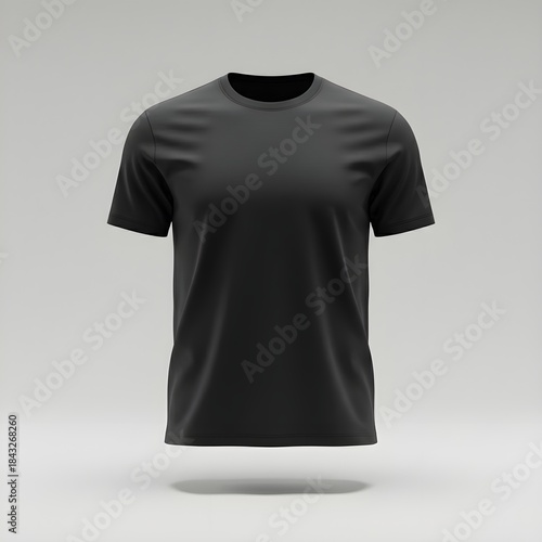 “Floating Black Blank T-Shirt Mockup Front View Isolated on Studio Background”