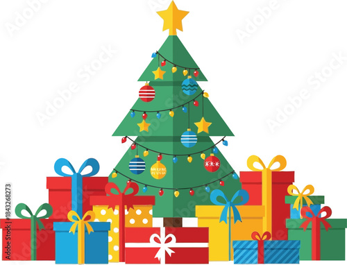 Decorated christmas tree with star and colorful ornaments surrounded by wrapped gifts with ribbons in a festive holiday scene illustration