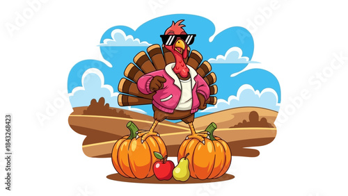 Cool Cartoon Turkey Wearing Sunglasses and Jacket with Pumpkins and Autumn Landscape