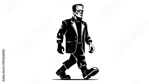 Frankenstein Monster Walking Silhouette, Black and White Vector Illustration