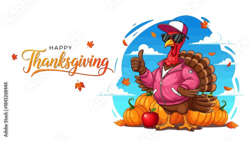 Happy Thanksgiving Turkey Thumbs Up with Pumpkins and