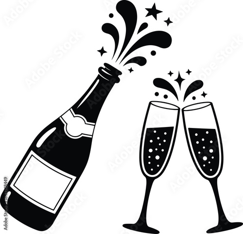 Black and white of champagne bottle and clinking glasses