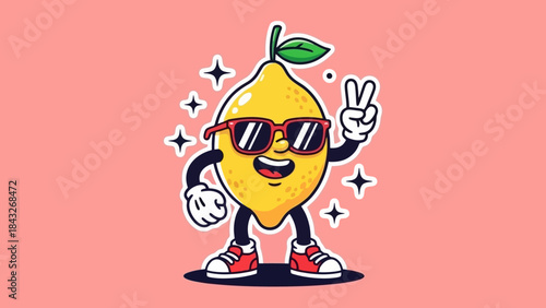 Cool Cartoon Lemon Character with Sunglasses and Red Shoes Making Peace Sign