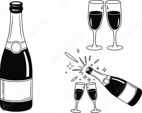 Black and white of champagne bottle pouring into glasses