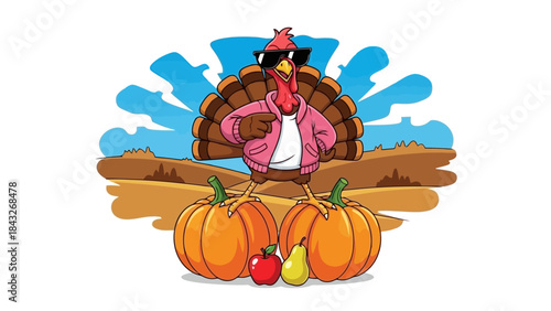 Cool Cartoon Turkey in Sunglasses and Jacket with Pumpkins and Fall Harvest Fruits