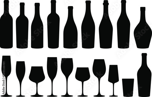 Black silhouettes of wine bottles and glasses on white background
