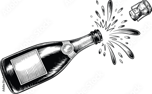 Black and white of champagne bottle with popping cork and splash
