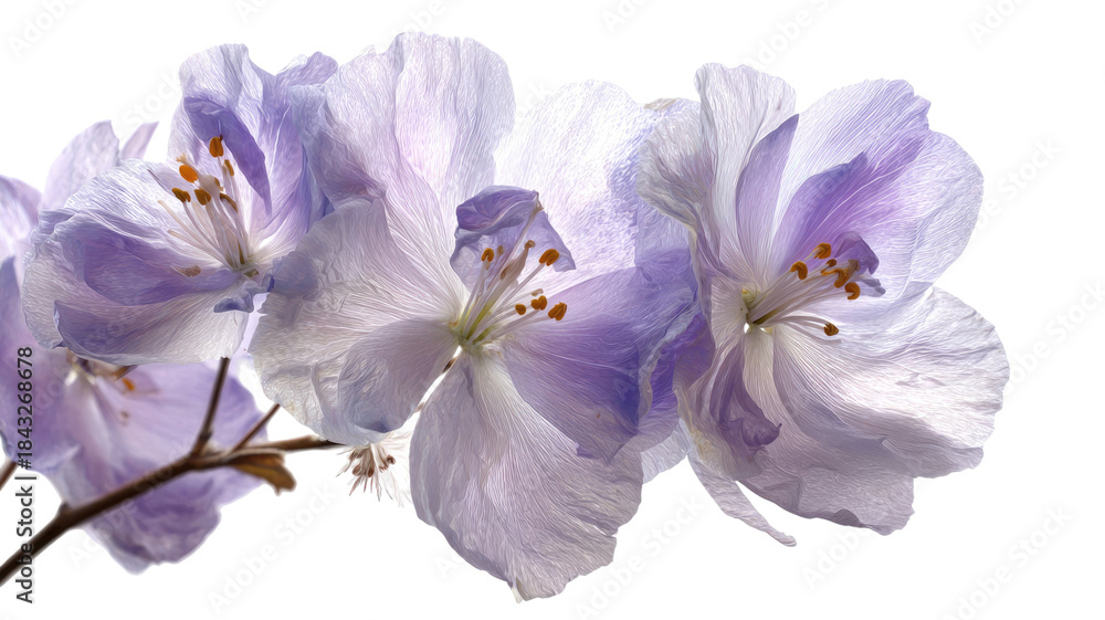 Fototapeta premium Lavender-hued blossom isolated on white background showcasing delicate flowers, botanical beauty, spring flora, and natural floral arrangement concepts