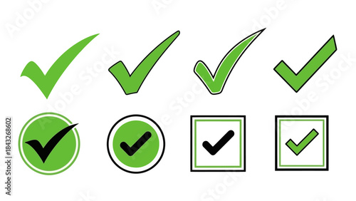 Collection of Diverse Green Check Mark Icons and Symbols for Approval and Success