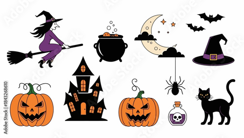 Halloween Icons Collection: Witch, Pumpkin, Haunted House, Spider, Cat, Moon, Bats