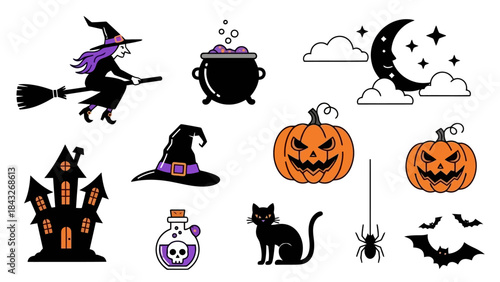 Spooky Halloween Icons Collection: Witch, Haunted House, Pumpkins, and Moon