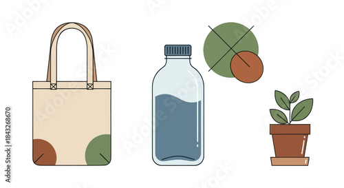 Eco-Friendly Lifestyle: Reusable Bag Water Bottle Plant and Circular Graphic Elements.