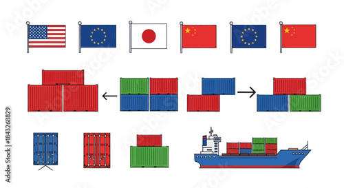 International Trade Visualization: Flags Containers and Shipping Process Depicted.