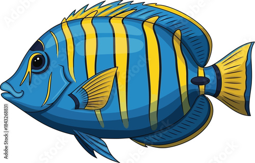 Colorful illustration of a regal angelfish with vibrant yellow and blue stripes on transparent background
