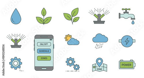 Smart Irrigation System Icons: Water Plants Sprinklers and Technology.