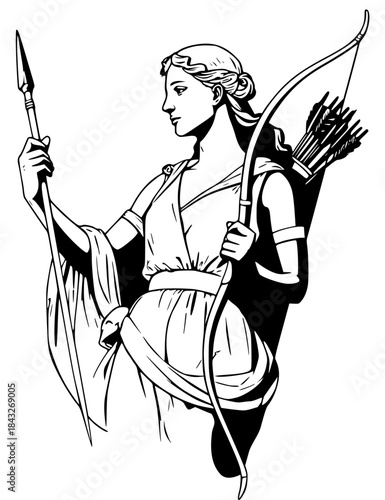 Striking black illustration of a Greek or Roman goddess, likely Artemis or Diana, the huntress. She holds a bow, a full quiver, and a spear, symbolizing power, independence, and the wild.