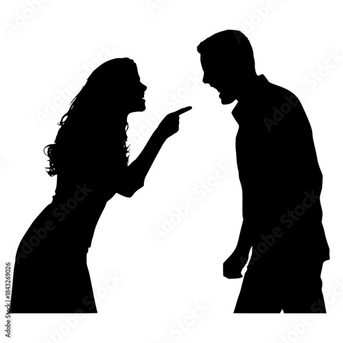 Black silhouette of a couple engaged in an intense argument. The woman is aggressively pointing at the yelling man.
