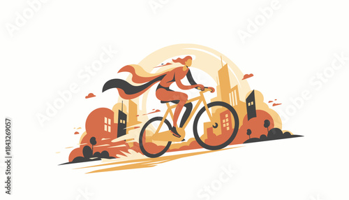Energetic Woman Superhero Cycling Through Modern Cityscape