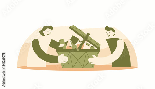 Happy People Sharing Picnic Basket Illustration