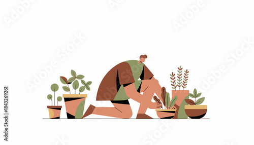 Person Tending Indoor Plants, Home Gardening Hobby Illustration