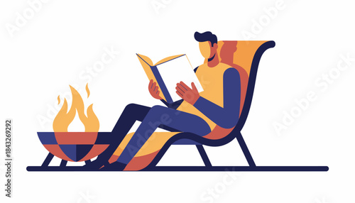 Man Reading Book by Campfire in Relaxing Scene