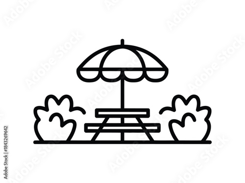 Picnic table with umbrella and bushes outdoors line art outline drawing simple vector illustration transparent background
