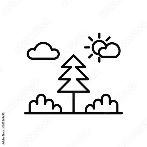 Evergreen tree with shrubs clouds and sun line art icon natural landscape outline vector illustration transparent background