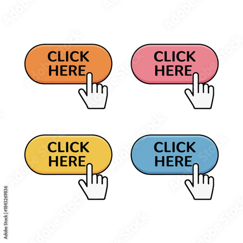 Four colorful click here rounded buttons with pointer hand cursor icons set for web design user interface and application calls to action