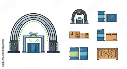 Industrial Archway with Speakers and Crates a Vector Illustration of a Stage Setup.