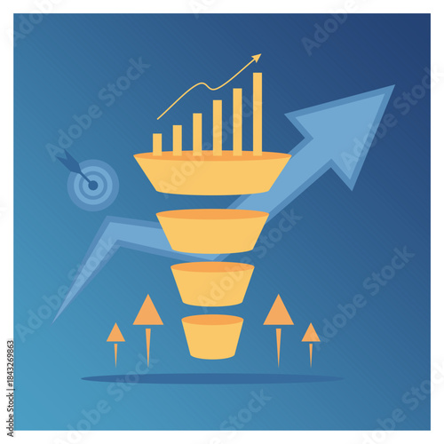 Modern flat vector illustration of a marketing and sales funnel concept. Ideal for digital marketing strategy, sales reports, conversion optimization