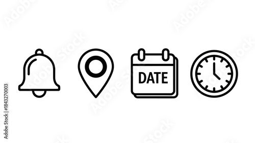 Set of Simple Outline Icons: Bell, Map Pin, Calendar, and Clock