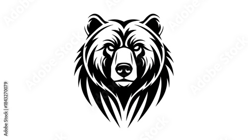 Fierce Grizzly Bear Head Emblem Black and White Illustration.