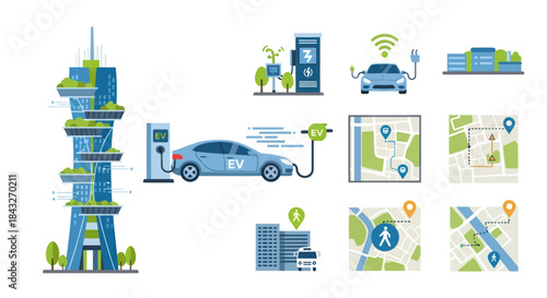 Electric Car Charging and Sustainable City Elements: Buildings Maps and Charging Stations.