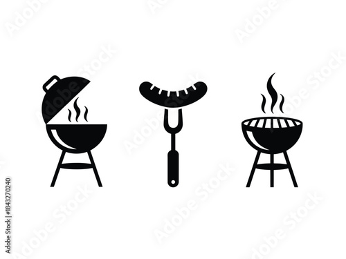 Barbecue grill and sausage icons set outdoor cooking equipment food preparation summer picnic vector silhouette collection