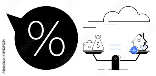 Finance concept. Finance decisions by percentage and balance scale with money, house, and health. Finance impacts wealth, investment, and personal priorities. For economics, investing strategy